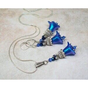 Silver Jewelry Set Earrings & Necklace, Boho Floral, Hand Painted Artisan Crafte